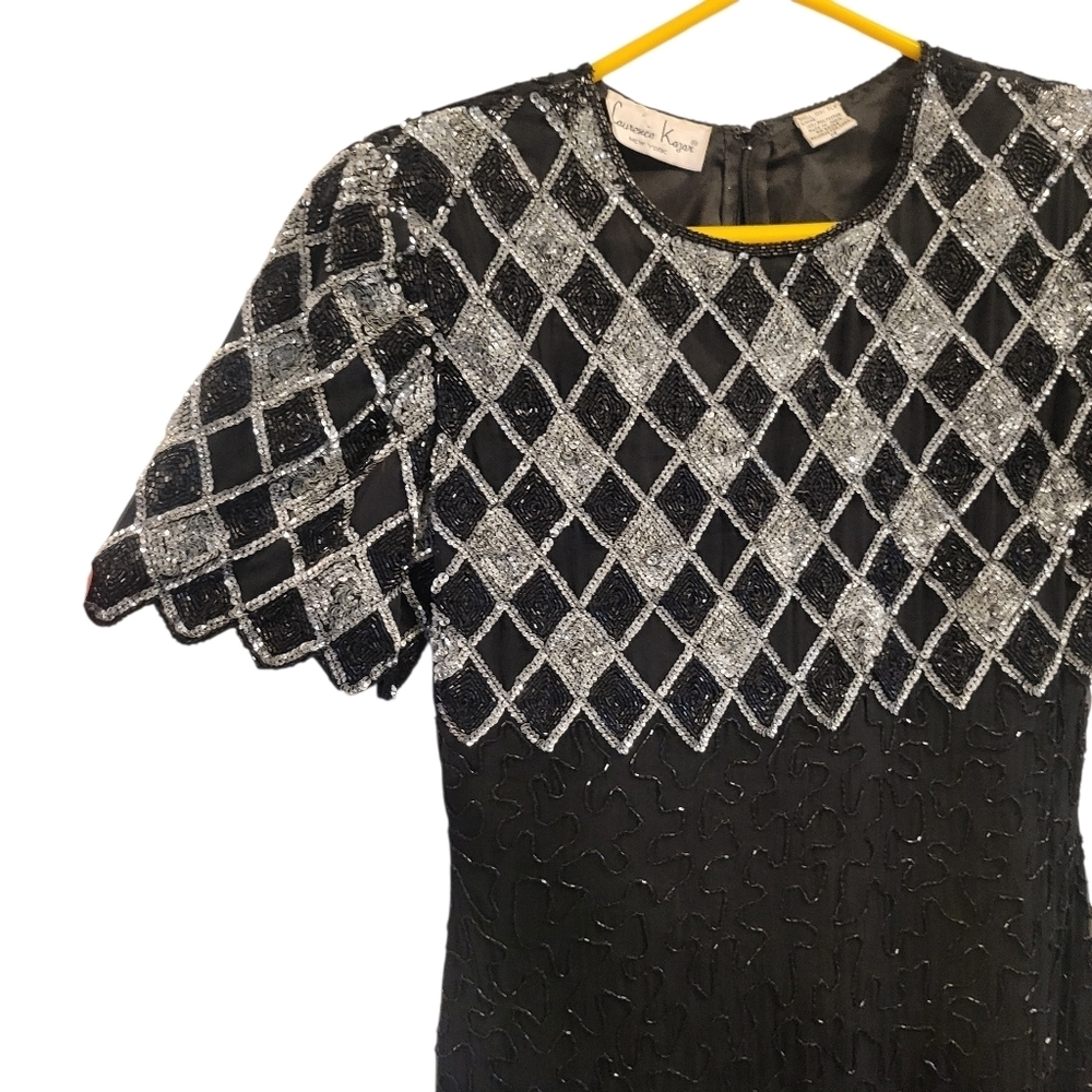 Vintage Laurence Kazar Silk Black Silver Beaded Sequined Full Length Gown Dress - Picture 2 of 12